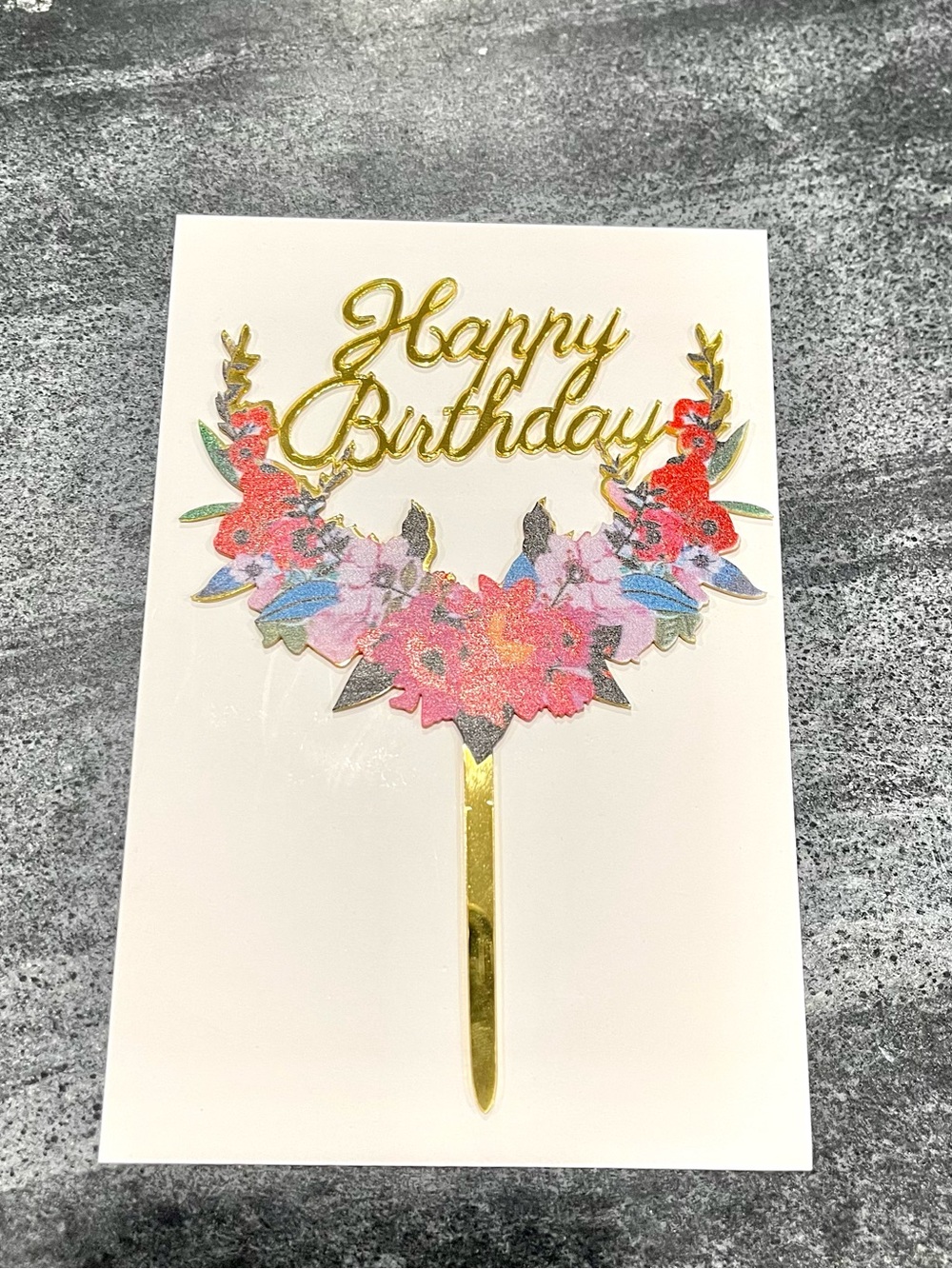 Happy Birthday Floral Gold Cake Topper - Pink & Gold